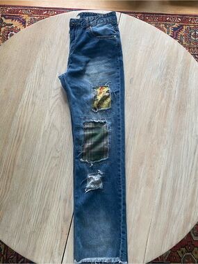 POL Women’s Straight Leg Patchwork Blue Jeans